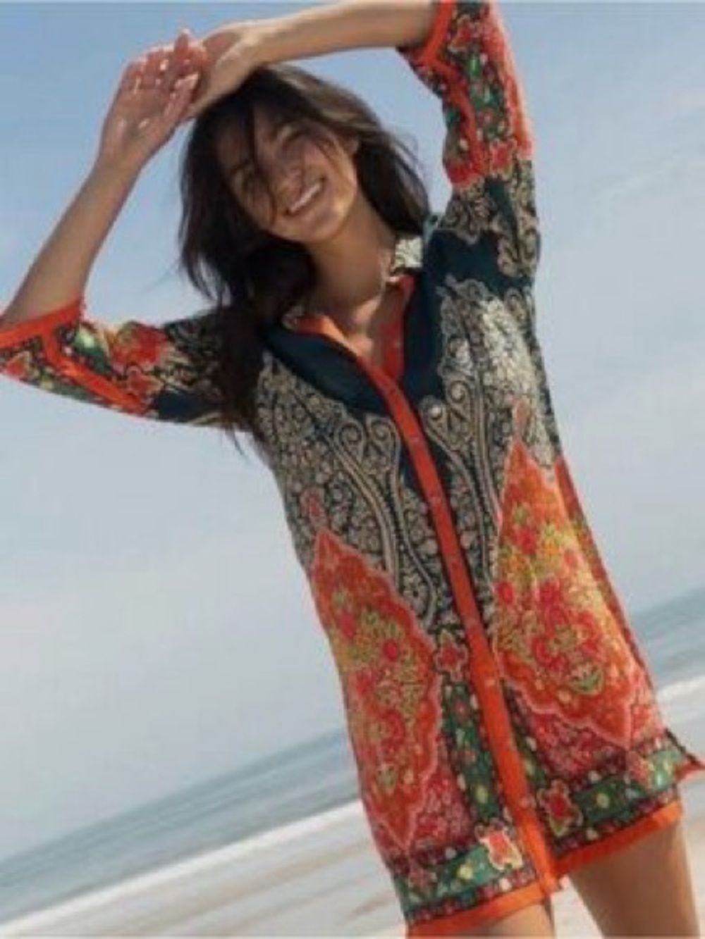 Natural Life Fiona orange and green paisley button-front tunic mini dress NWT